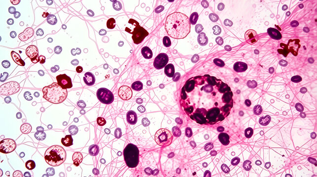 Suppurative inflammation, microscopic view of tumor regio inguinal show cellular material, polymorphs, lymphocytes and histiocytes. pathology laboratory