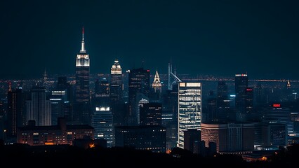 A city skyline illuminated at night with long exposure and deep blue tones.