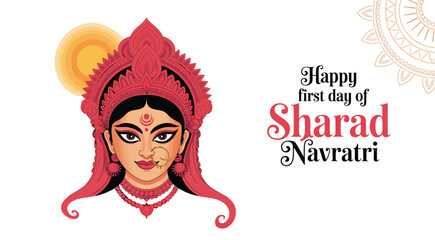  Sharad Navratri illustration with goddess Durga, red headdress, sun motif, mandala accent, and festive greeting on white background