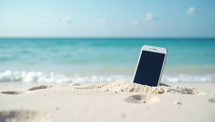 The image shows a cell phone sitting on top of a sandy beach