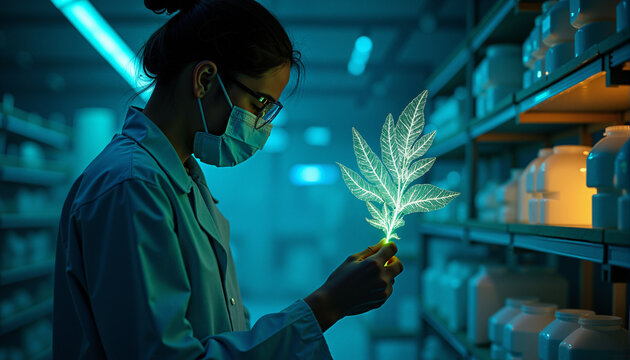The image shows a woman in a lab coat wearing a mask and spectacles