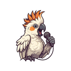Obraz premium Cartoon Cockatoo Singing into a Microphone with Orange Crest Feathers Isolated on Transparent Background for Creative Projects