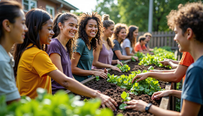 The image shows a group of students working in a garden