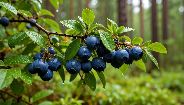 RainKissed Blueberries Branch Laden with Juicy Berries in a Misty Forest Scene.