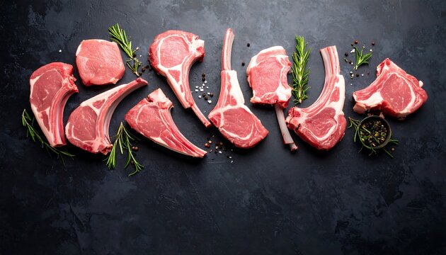 Raw Lamb Chops Arranged with Herbs and Spices on Dark Textured Background.