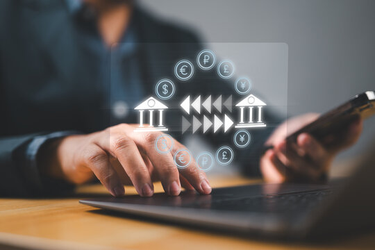 Online banking operations and interbank digital payment. Money transfers from different currencies internationally and currency exchange global. - Powered by Adobe