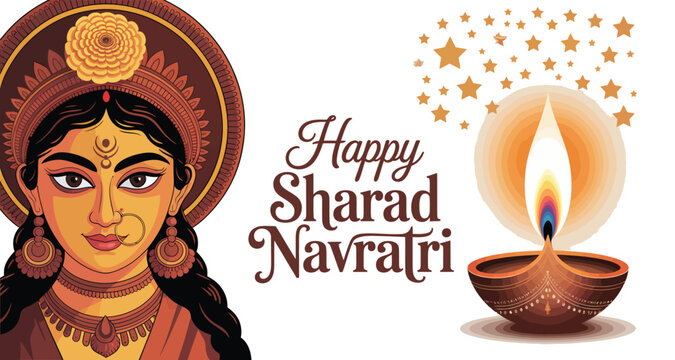 Sharad Navratri illustration with serene goddess, floral headpiece, glowing diya, stars, and festive greeting on vibrant decorative background 