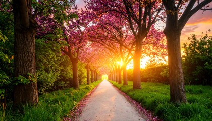 Naklejka premium A sun-drenched path lined with blossoming trees at sunrise, showcasing vibrant colors and a peaceful atmosphere.