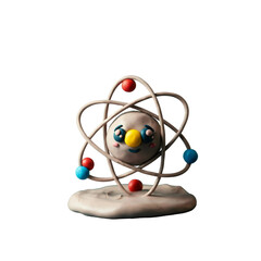 Cartoonish Atom Model with Eyes Nose and Mouth on Transparent Background with Three Orbiting Electron Groups in Red Blue and White