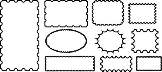 Zig zag wavy edge rectangle and circle frame or border shapes set. Zigzag edges set. Rectangular, round, circle, oval and square scalloped frames. 