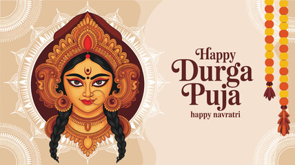 Durga Puja and Navratri illustration with goddess Durga, halo, marigold garlands, and festive greeting on beige background with circular motifs