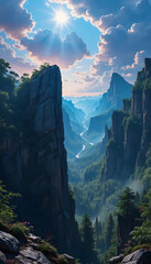Majestic mountain range with a river winding through a lush green valley below