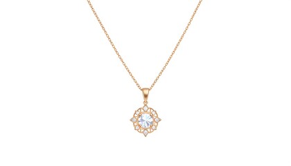 Fototapeta premium A delicate rose gold necklace pendant showcases a radiant light blue gemstone, encircled by intricate filigree detailing.