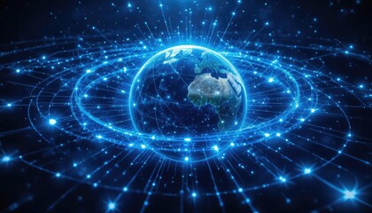 An abstract, glowing blue network of interconnected lines and nodes forming a circular, planet-like structure against a dark background.