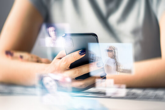 Content creator with phone and photo edit app or AI image generator. Woman using smartphone. Social feed, digital gallery or profile. Artificial person. Online dating or personal brand. Stalker scam.