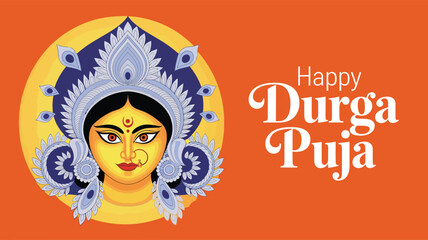 Durga Puja illustration with stylized goddess face, crown, red bindi, circular yellow frame, and festive greeting on orange background 