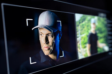 Fototapeta na wymiar Deepfake, AI deep fake fraud or id scam. Face recognition. Identity theft with artificial intelligence technology. Video or photo editing with facial swap. People detection. Man in computer screen.