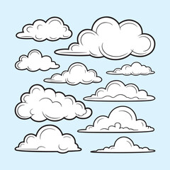 Fototapeta premium Set of hand-drawn cloud shapes and doodles in a classic black and white line art style, vector illustration