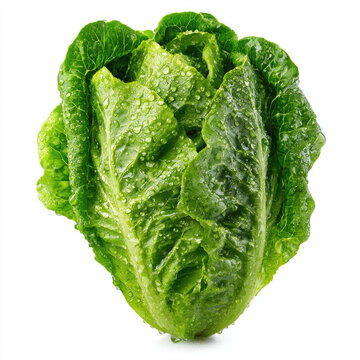 Fresh green romaine lettuce with water droplets isolated on white