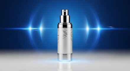 Sleek silver and white cosmetic spray bottle on a reflective surface with glowing blue light rays on a dark background, high-tech product display concept