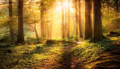 Obraz premium a peaceful forest setting bathed in warm golden rays of sunlight