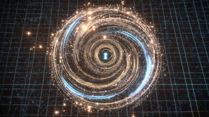 Digital lock with swirling encrypted data streams on dark grid background symbolizing cybersecurity, data privacy, and protection