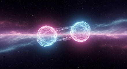 Abstract visualization of two glowing interconnected energy spheres with swirling light trails against a dark cosmic background