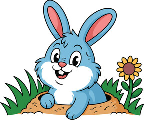Cartoon blue rabbit emerging from hole — cheerful springtime character with flower and grass for kids’ nature, Easter, or garden themes