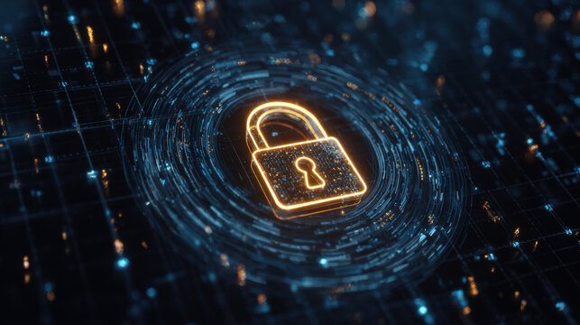 Digital lock with swirling encrypted data streams on dark grid background symbolizing cybersecurity, data privacy, and protection