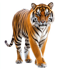 Fototapeta premium Tiger with detailed fur walking forward isolated white background