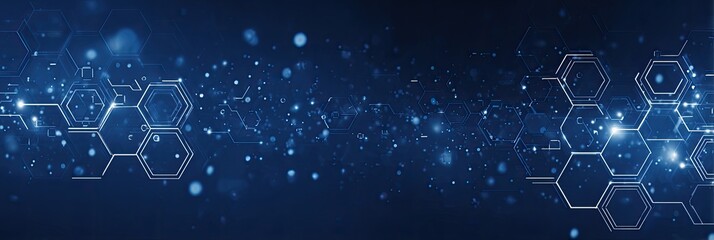 Abstract technological background with interconnected hexagonal patterns and glowing particles