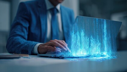 A businessman in a blue suit sits at a desk, his hands on a laptop emitting a vibrant, ethereal blue digital energy stream