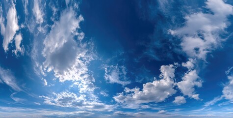 Wide panoramic view of a vibrant blue sky with scattered white clouds