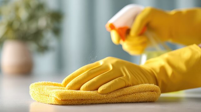 Home cleaning action with spray and cloth indoor setting image capture bright environment close-up viewpoint