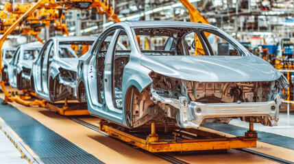 Assembly line operations with car frames in a manufacturing plant during daytime