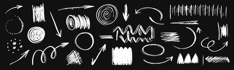 Hand-Drawn Arrows, Circles & Shapes: White Chalk on Black Background