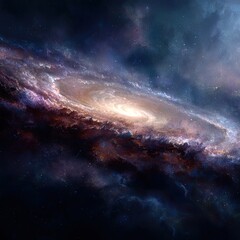 Fototapeta premium A vibrant spiral galaxy, swirling with hues of pink, purple, orange, and blue, set against a backdrop of dark space speckled with distant stars