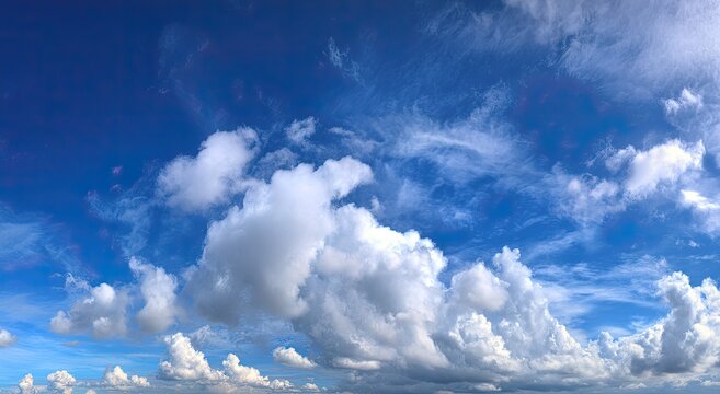 Wide shot of a vibrant blue sky filled with fluffy white cumulus clouds (2)