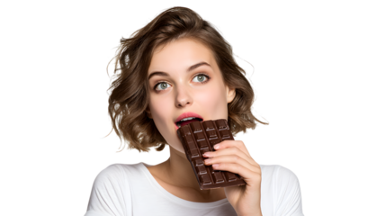Attractive Woman Eating Dark Chocolate Bar with Open Eyes on Transparent Background for Food Photography