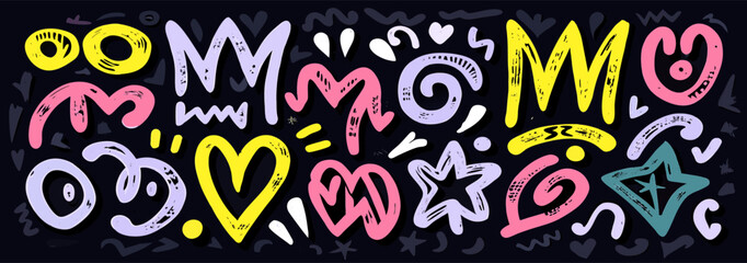 Colorful Hand-Drawn Doodle Background with Hearts, Stars, and Letters