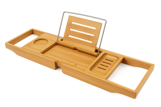 Photo of wooden bath caddy with book stand and cup holder, isolated on transparent background