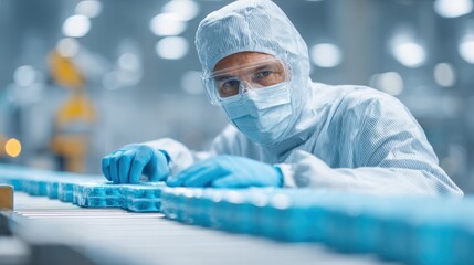 Manufacturing process in a clean room pharmaceutical facility industrial photography controlled environment close-up quality control