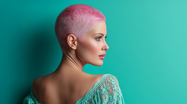 Stylish woman with short pink buzz cut hair posing in lace top against turquoise background, modern beauty concept