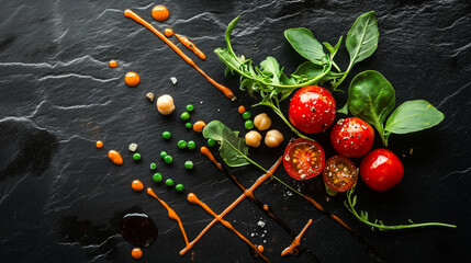 fresh vegetables on a black board