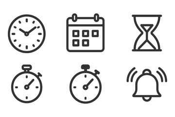 A set of six different clock faces, each with a different time displayed. The clocks are arranged in a row, with the first clock on the left. vector