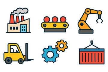 Naklejka premium A variety of industrial equipment, including a forklift, a crane, and a factory building. Scene is one of productivity and efficiency. vector