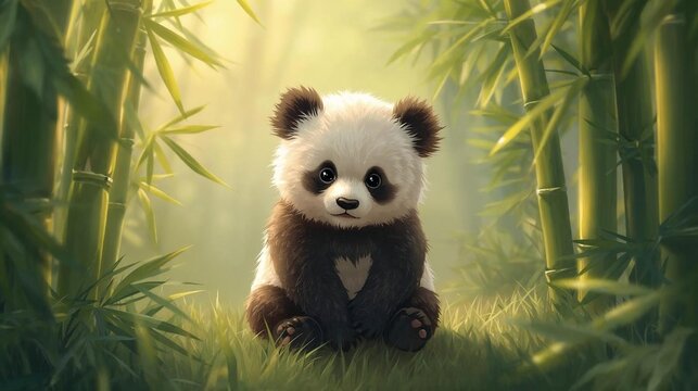 Fototapeta Cute baby panda sitting in bamboo forest, adorable phone wallpaper 