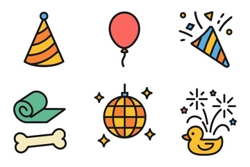 A set of six cartoonish party icons, including a party hat, a balloon, a disco ball, a duck, a bone, and a balloon. vector