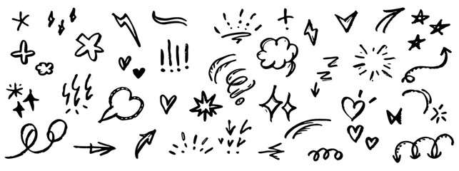 Hand-drawn doodle elements: arrows, stars, hearts, speech bubbles