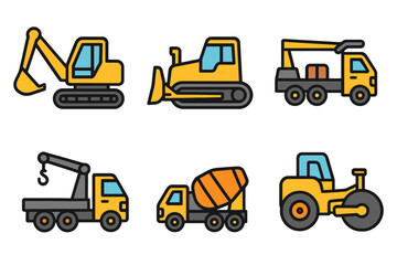 A series of yellow construction vehicles, including a backhoe, a dump truck, a bulldozer, a crane, a cement mixer, and a dump truck. vector